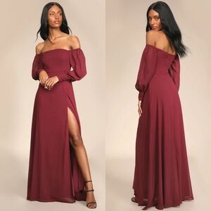 Lulus Feel the Romance Burgundy Off-the-Shoulder Maxi Dress Wedding Party